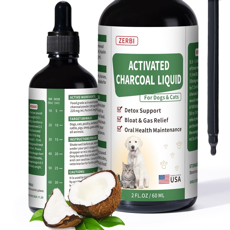 Activated Charcoal Liquid for Dogs  Dog First Aid Essential, Ready Rescue for Dogs  Detox, Diarrhea & Gas Relief, Non-GMO, 60ml