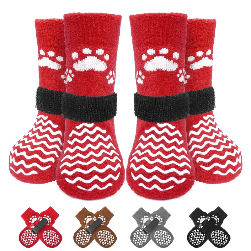 EXPAWLORER Anti Slip Dog Socks for Hardwood Floor, Soft Fuzzy Dog Socks, Dog Boots & Paw Protectors for Winter, Prevent Licking, Dog Shoes with Traction Control for Small Medium Large Senior Dog Red