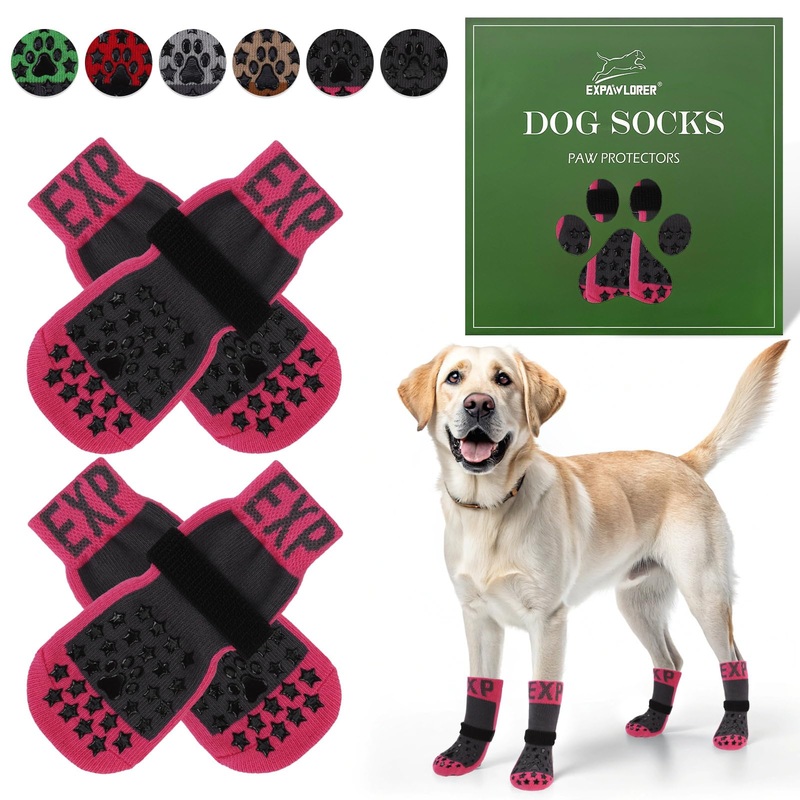 EXPAWLORER Anti Slip Dog Socks to Prevent Licking Paws – Dog Booties for Hardwood Floors, Pet Paw Protectors with Grippers for Winter Outdoor, Dog Boots Shoes for Small Medium Large Dogs, Stars Pink L