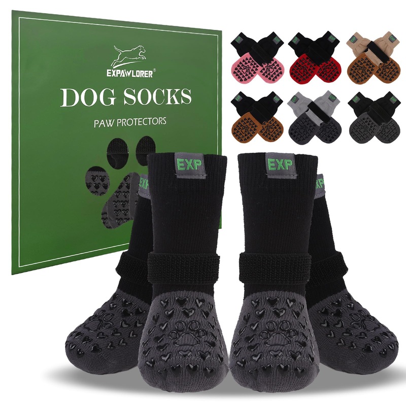 EXPAWLORER Anti Slip Dog Socks to Prevent Licking Paws – Dog Boots & Paw Protectors for Winter, Dog Booties for Hardwood Floors, Dog Shoes for Cold/Hot Pavement, Small Medium Large Senior Dogs Black