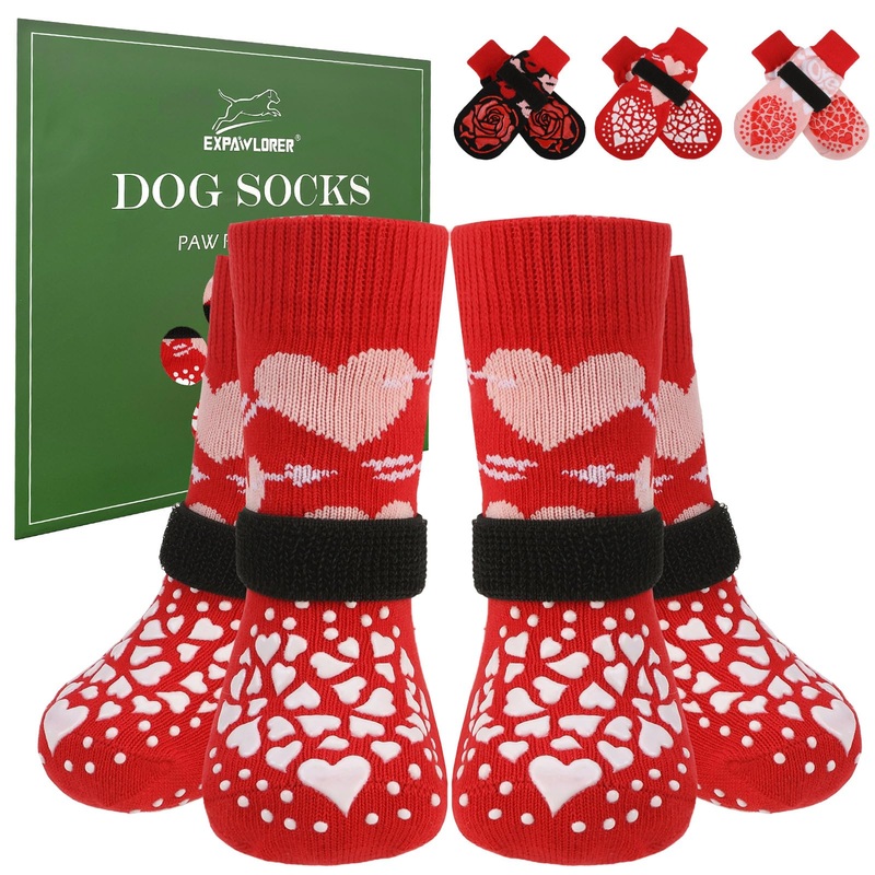 EXPAWLORER Dog Socks to Prevent Licking Paws, Valentine’s Day 4 Pcs Anti Slip Dog Socks with Grippers, Dog Shoes for Hardwood Floors, Dog Booties for Small Medium Large Senior Dogs, Red M