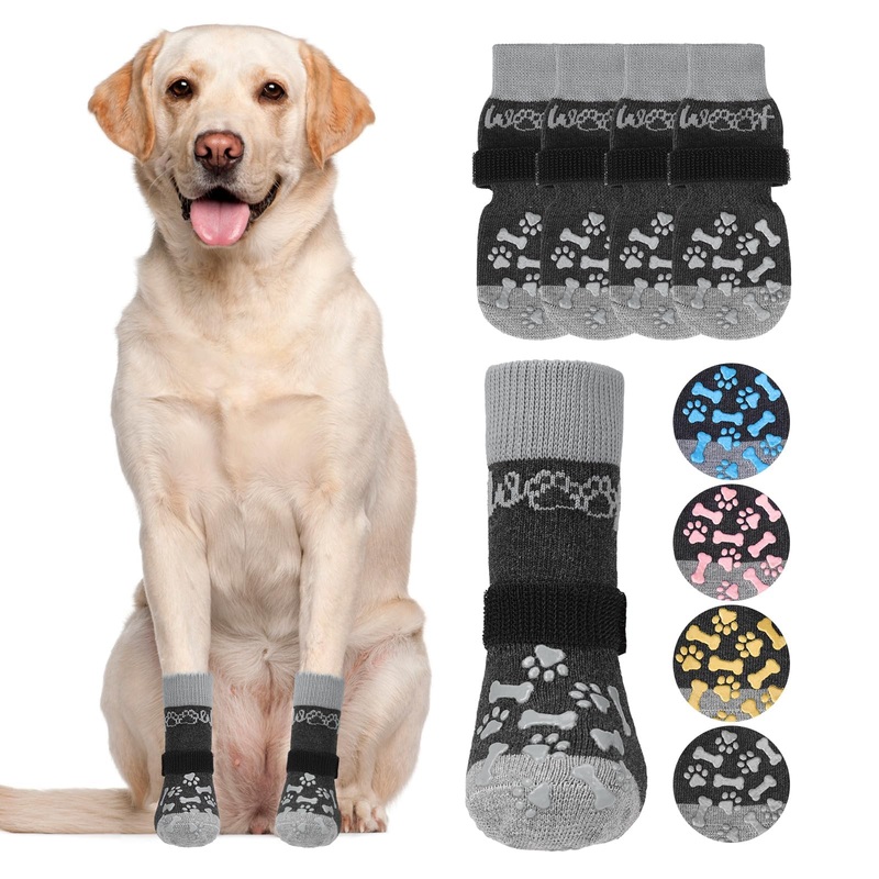 KOOLTAIL Dog Socks for Hot/Cold Pavement to Prevent Licking Paws,Dog Boots&Paw Protector for Hardwood Floors Anti Slip,Traction Control No Twist Grip Booties for Small Medium Large Senior Dogs M Medium (4 Pack) Grey