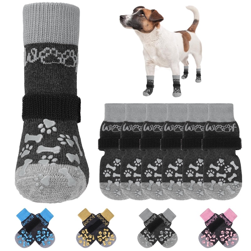 KOOLTAIL Non-Slip Dog Socks for Hardwood Floors, Dog Socks with Grippers for Hot/Cold Pavement, Outdoor Dog Shoes Booties&Paw Protector to Prevent Licking for Small Medium Large Senior Dogs, Grey SM Small/Medium Grey with Woof Pattern