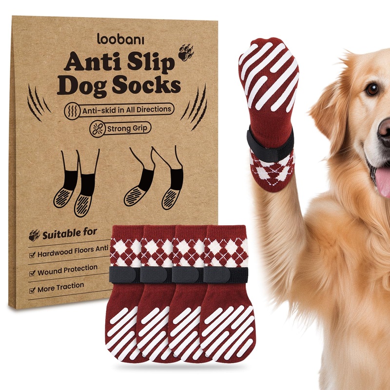 LOOBANI Dog Socks to Prevent Licking Paws – Anti-Slip Dog Paw Grip Protector for Hot/Cold Pavement Traction Control for Small Medium Large Senior Dogs on Hardwood Floors, Red XL