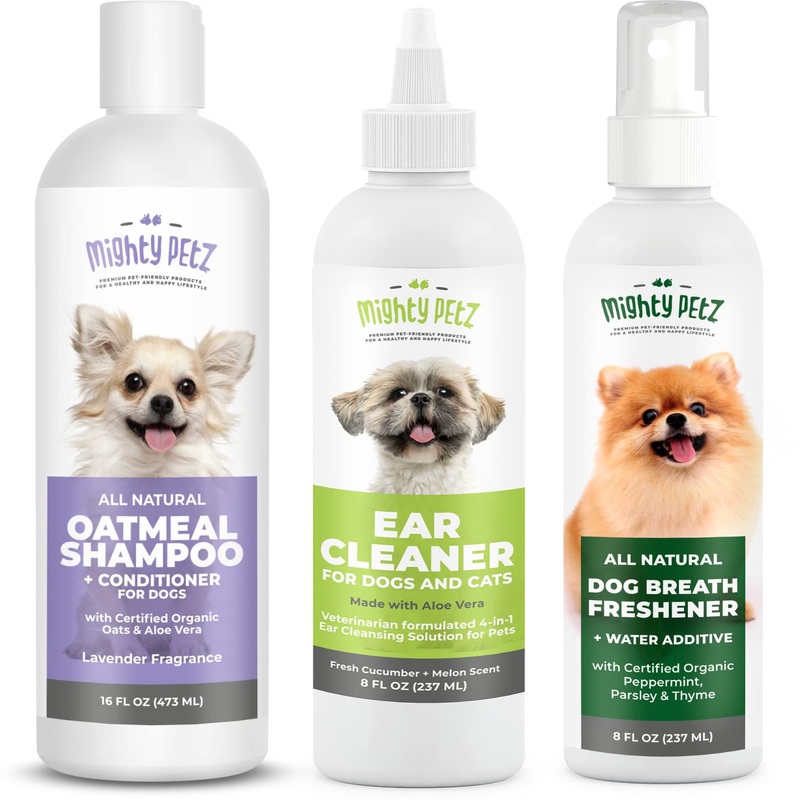 Mighty Petz 2-in-1 Oatmeal Dog Shampoo + Mighty Petz Dog Ear Cleaner Solution + 2-in-1 Dog Breath Freshener Spray & Water Additive Bundle