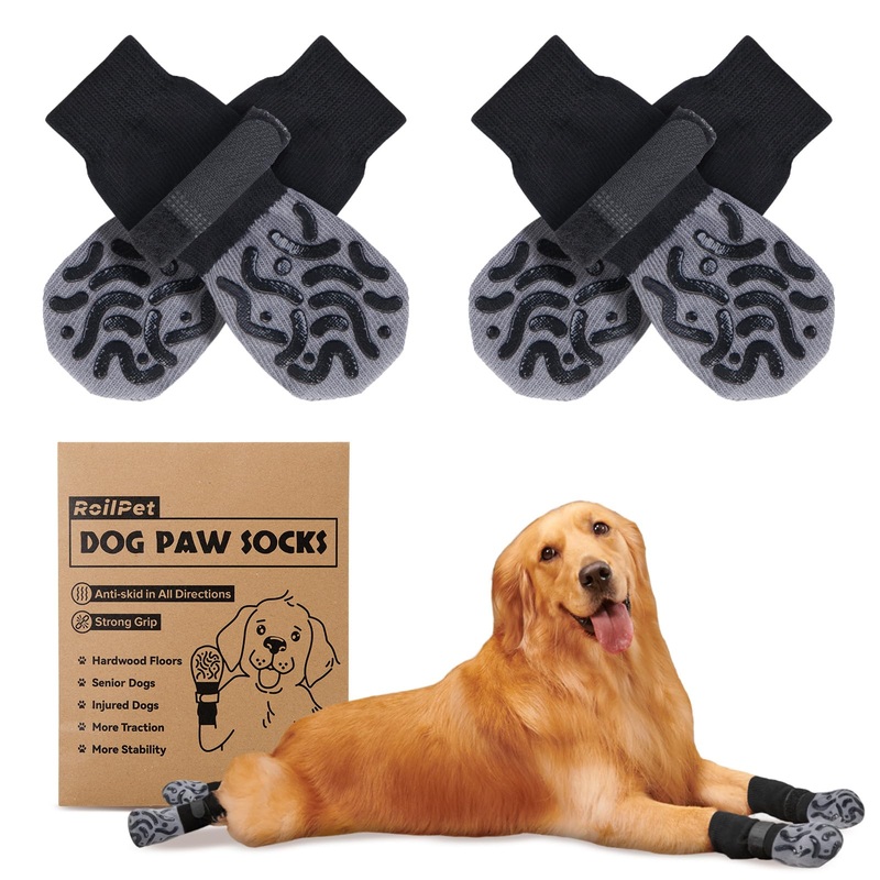 Non Slip Dog Socks to Prevent Licking Paws – Strong Traction for Hardwood Floors, Senior Dogs, Paw Protector, Prevent Scratching, Double Sides Anti Slip Dog Socks – Size Large Black Size Large(Pack of 4)