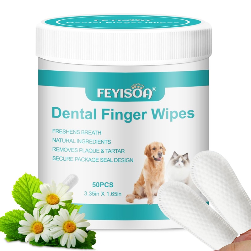 Premium Pet Dental Finger Wipes for Dogs & Cats – 50 Unscented Wipes for Clean Teeth, Fresh Breath, and Oral Health – Green Tea Extract-Infused, Double-Sided Textured, Veterinarian-Developed