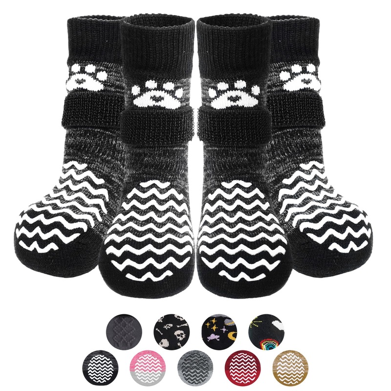 PUPTECK Anti Slip Dog Socks 2 Pairs with Double Grippers for Hardwood Floors, Shoes for Hot/Cold Pavement, Boots & Paws Protectors to Prevent Licking, Traction Booties for Senior Small Large Dogs Medium(2 Pair) Black(Wave)