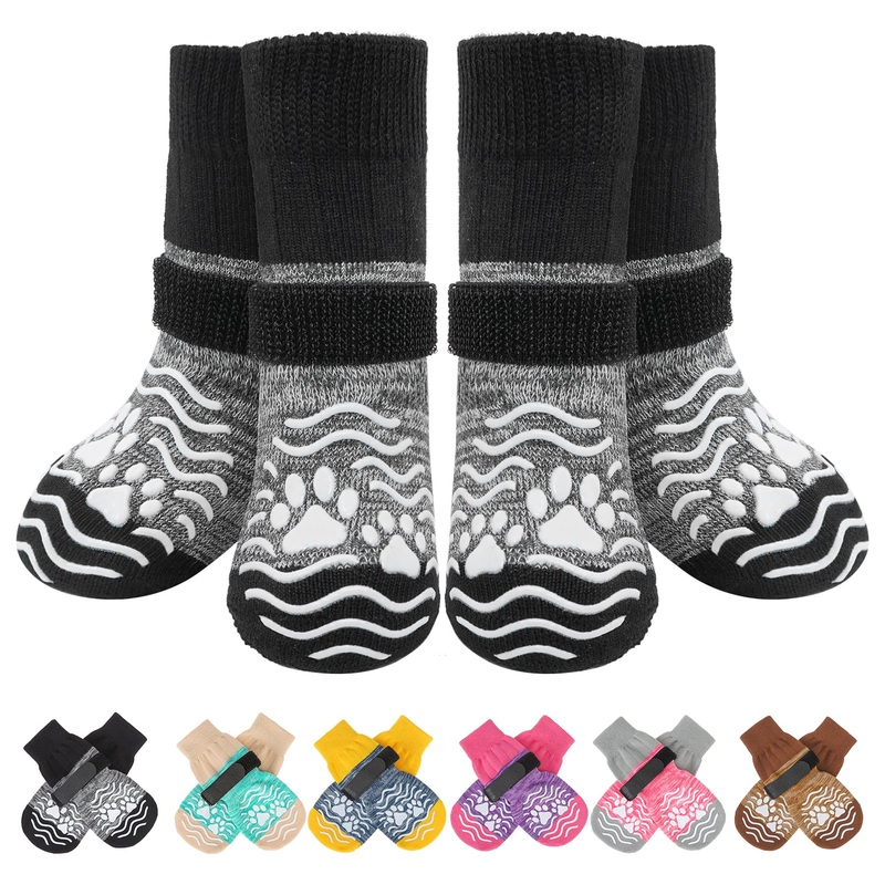 PUPTECK Anti Slip Dog Socks, Shoes with Grippers to Prevent Licking Hardwood Floors Traction, Rubber Boots & Paw Protectors for Small Medium Large Dogs Cold/Hot Pavement, Senior Dogs Booties Grey Medium (2 Pair) Grey&Black