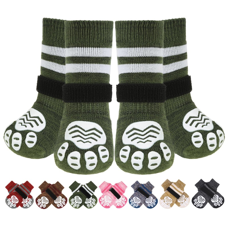 PUPTECK Anti-Slip Dog Socks with Double Sides Grips Booties for Medium Large Dogs Hardwood Floors Prevents Licking, Dog Shoes for Cold & Hot Pavement Traction, Green, M