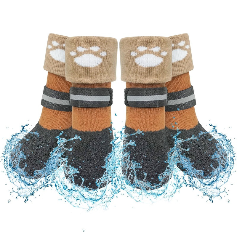 SCENEREAL Anti Slip Dog Socks Boots, Dog Shoes for Hot/Cold Pavement Snow Rain Days, Waterproof Grip Doggy Booties for Hardwood Floor, Winter Paw Protectors for Small Medium Large Senior Old Dogs S(1.94″x1.54″)(Paw L*W) Khaki