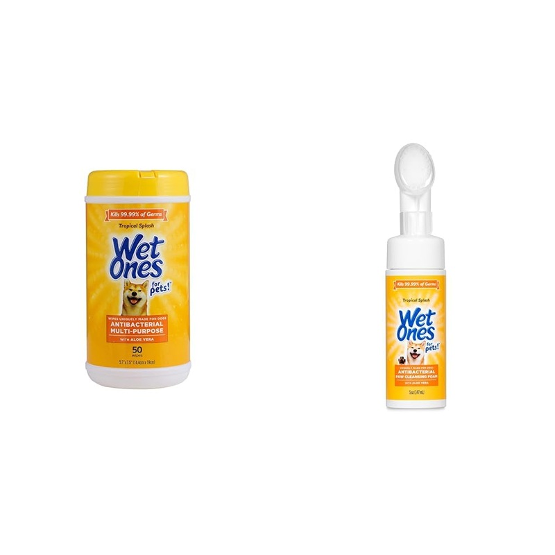 Wet Ones for Pets Tropical Splash Bundle: Multi-Purpose Dog Wipes with Aloe Vera, 50 Count & Paw Cleansing Foam with Scrubber Brush, 5 oz – Comprehensive Cleaning for All Dogs