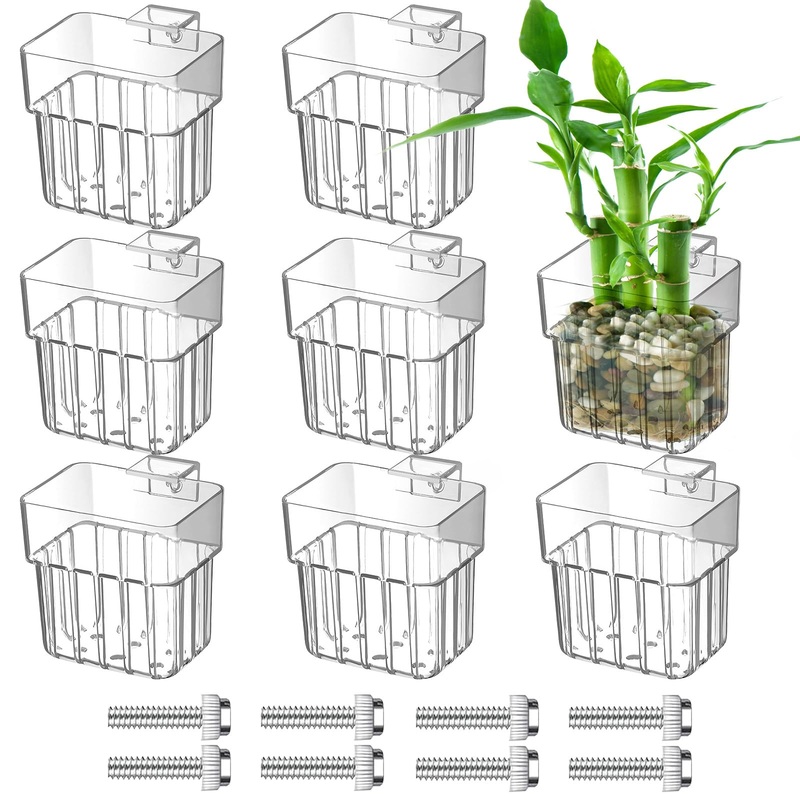 4PCS Clear Aquarium Plant Holder, Hanging Aquatic Plant Pot Holder with Hole, Adjustable Fish Tank Plant Pot for Aquaponic Plant Cultivation Aquarium Water Feature Decoration 4