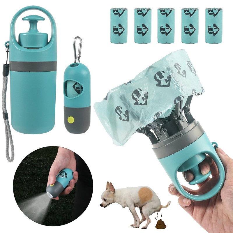 6 Pcs Portable Dog Poop Scooper Set with Holder & Claw Clip, Pooper Bag Dispenser with LED Flashlight, Leash Attachable, Dog Walker Waste Picker for Small Medium Large Dogs, 90 Bags Include Blue, Grey