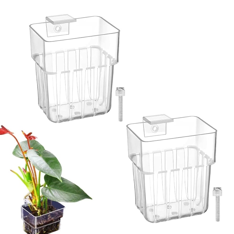 Aquarium Plant Holder, Aquatic Fish Tank Plant Holder with Hooks, Clear Aquatic Fishtank Planter Hanging Holder, Fish Tank Decorations Aquarium Decor (2 Pcs) 2 Pcs