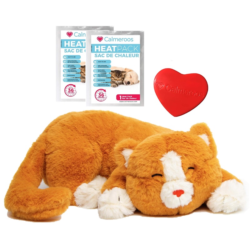 Cat Heartbeat Toys – Calming Separation Anxiety Relief Toys for Kittens – Heartbeat Simulator in a Soft Comforting Pillow Pet Plush Orange Kitty