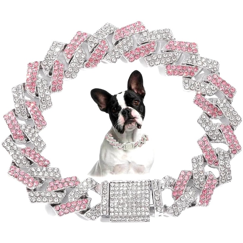 Chain Collar for Small Dogs, Diamond Necklace Rhinestone Bling Glitter Metal Choke Cuban Link Dog Collar, Crystal Collar Jewelry for Dogs and Cats (Pink, 16 inch) Pink