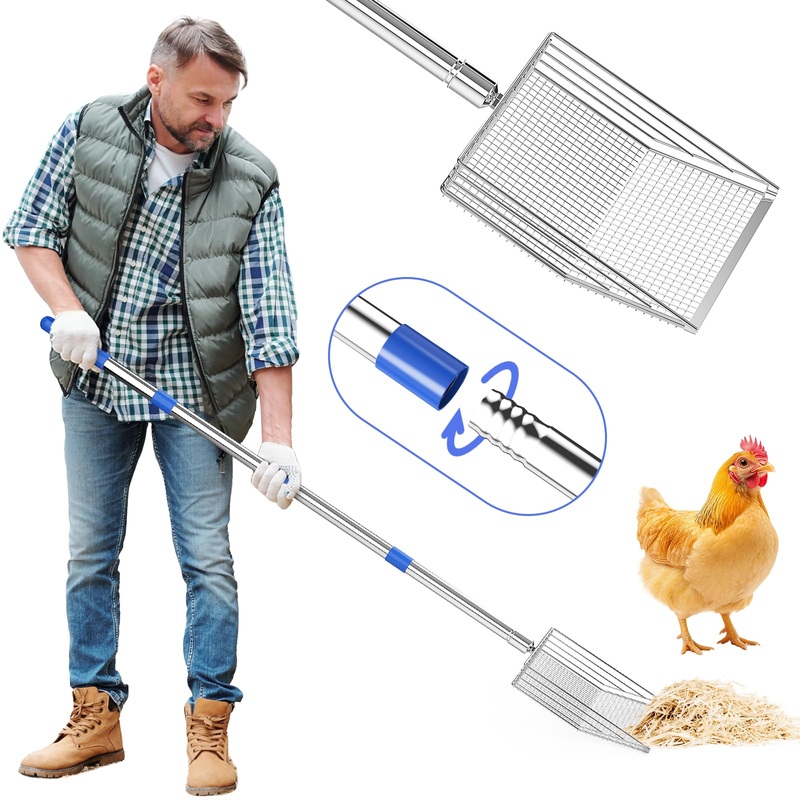Chicken Poop Scooper, 304 Stainless Steel Shovel Head, 4-in-1 Chicken Litter Scoop with Handle for Chicken Coop & Pet Waste Cleaning, Multifunctional Litter Sifting Shovel(20 to 49″)