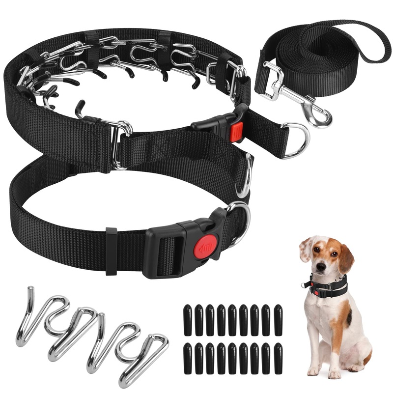 Dog Prong Training Collar, Dog Choke Pinch Collar with Nylon Cover Comfort Tips and Quick Release Snap Buckle, Dog Classic Collar and Dog Leash Medium, 3mm, 14-18” Neck Black