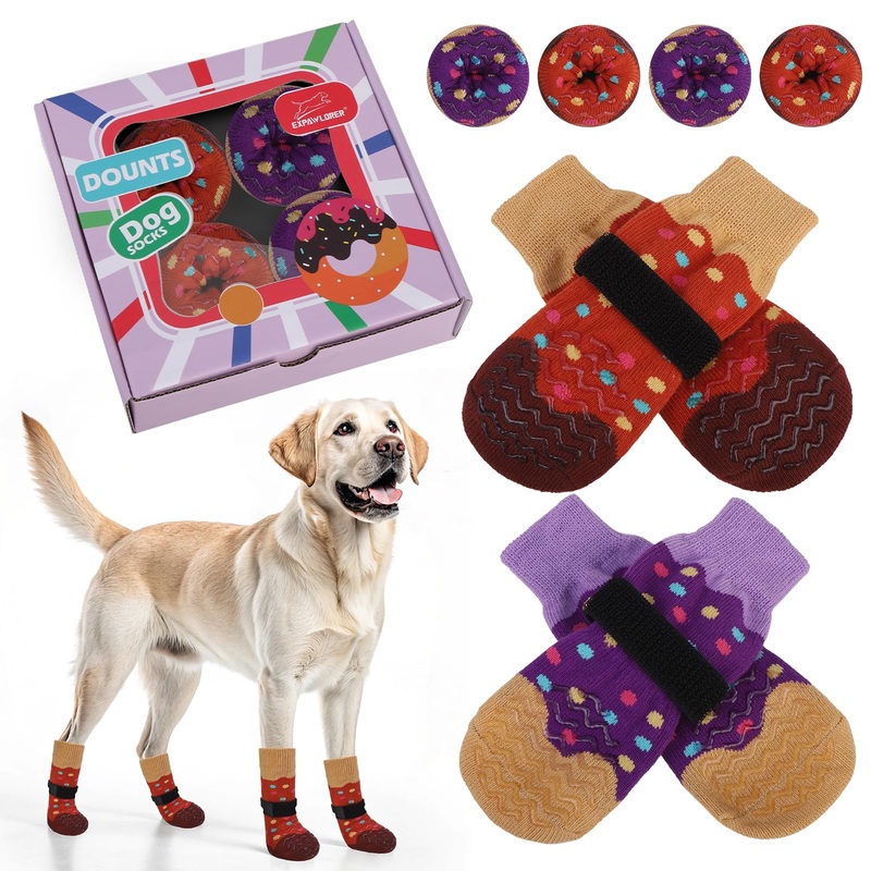 EXPAWLORER 8 Pcs Donut Dog Socks with Gift Box,Dog Boots & Paw Protectors in Winter,Dog Booties for Hardwood Floor Anti Slip,Prevent Licking Paws,Dog Shoes for Small Medium Large Senior Dogs Purple&Brown(8pcs)