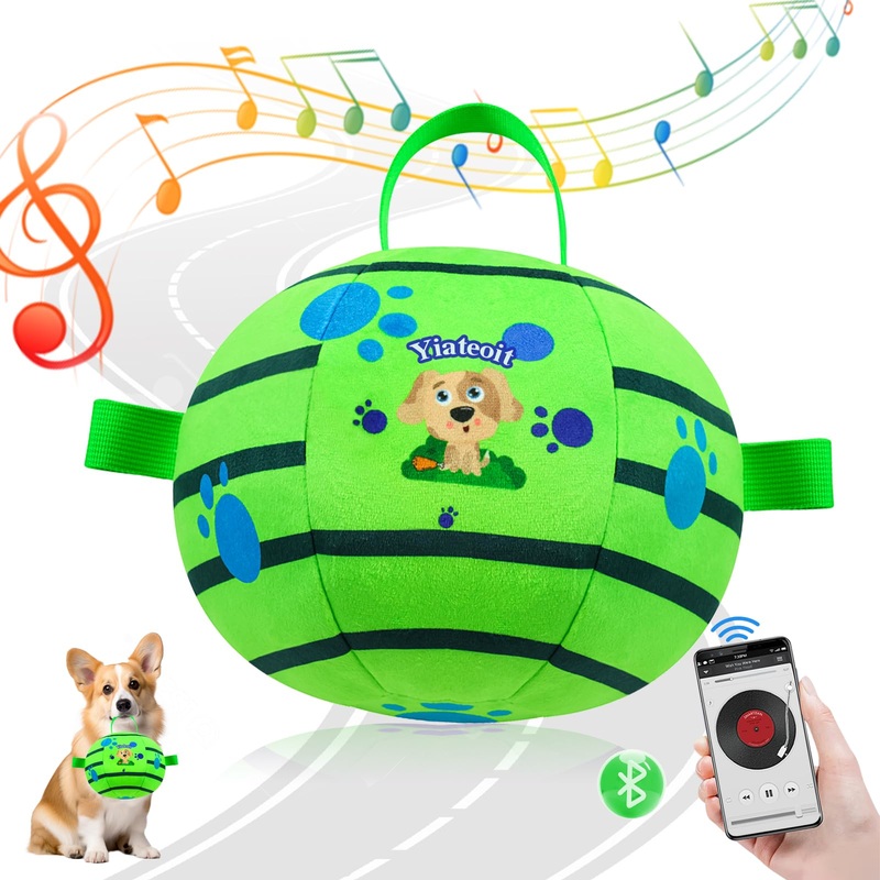 Interactive Dog Toys – Support Bluetooth connection Active Rolling Bouncing Dog Ball with Straps Squeaky Dog Toy for Boredom Self Moving Dog Balls with Music Rechargeable Pet Chew Toys for Small 4.53 inch green
