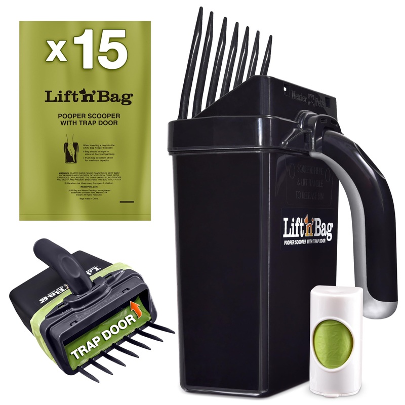Neater Pets Lift N Bag Trap Door Dog Pooper Scooper for Small Dog to Large Dog, 15 Refill Bags, Heavy Duty Dog Poop Scooper for Yard & Walks, One-Handed Operation, Direct to Bag Poop Scooper for Dogs 15 Bags Black Scoop w/ Black Bin