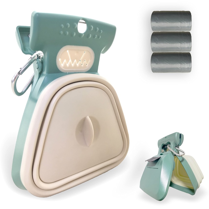 Pooper Scooper, Portable and Handheld Size for Walking Large and Small Dogs Outside Yard or Travel Outdoors, Pup Poop Scoop with Container and 30pcs Pet Waste Bag Attachment Clover Green