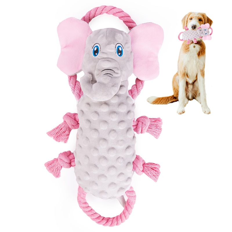 Squeaky Dog Stuffed Animals Chew Toy – Crinkle Paper Tug of War Rope Plush Dog Toy – Soft Tough Squeaker Dog Entertainment Toys for Home Alone – Fun Boredom Busters for Dogs – Elephant