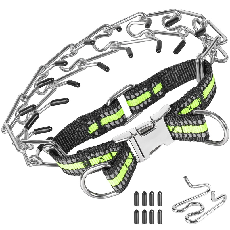 Tresbro Prong Training Collar for Dogs, Adjustable Dog Pinch Collar with Quick Release Buckle & Reflective Strap, No Pull Collar for Small Medium Large Dogs, Extra Link and Caps, Fluorescent Green, M