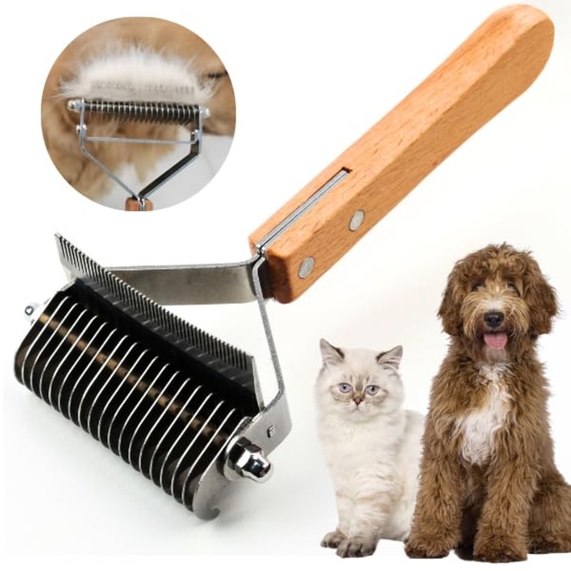 2 in 1 Undercoat Rake for Dogs and Cats, Professional Grooming Brush Dematting & Shedding Comb to Remove Loose Hair, Matted Fur Efficiently, Perfect for Poodle, Doodle & All Long Haired Pets Wood