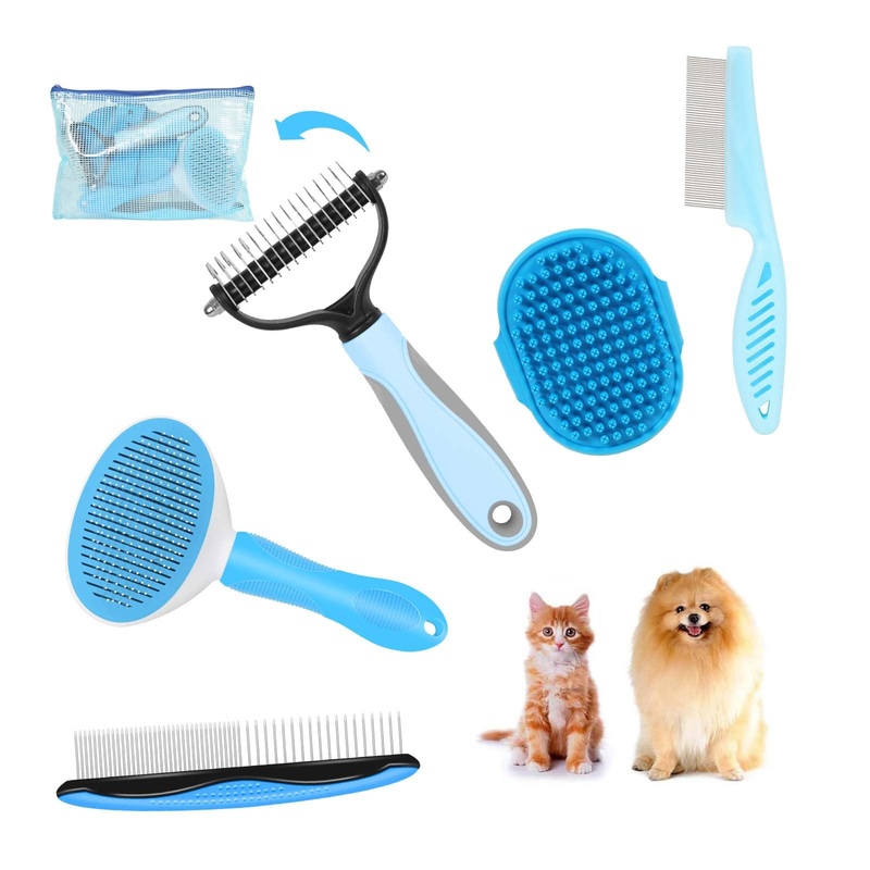 5-in-1 Grooming Kit – Supplies for Short and Long Hair Dogs, Bath Brush, Dematting Rake and Comb (Set of 5, Blue) Set of 5