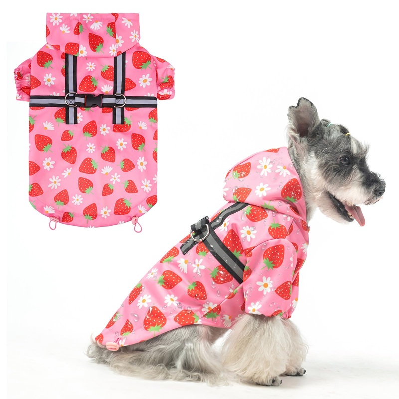 BEAUTYZOO Dog Raincoat Hooded with Harness Built-in for Small Medium Large Dogs Girls Boys, Dog Rain Jacket Slicker Poncho, Waterproof Dog Rain Coat Clothes for Winter Rainy Snowy Days, Pink S S(Back 13.2″, Chest 18.5″, Neck 13.9″) Strawberry Pink