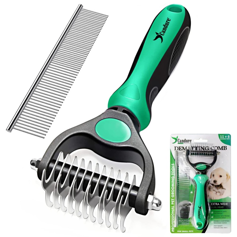 Candure Pet Friendly Double-Sided Dematting Undercoat Rake and Comb for Effective Hair Removal and Shedding Control in Dogs & Cats (Small, Green) Small