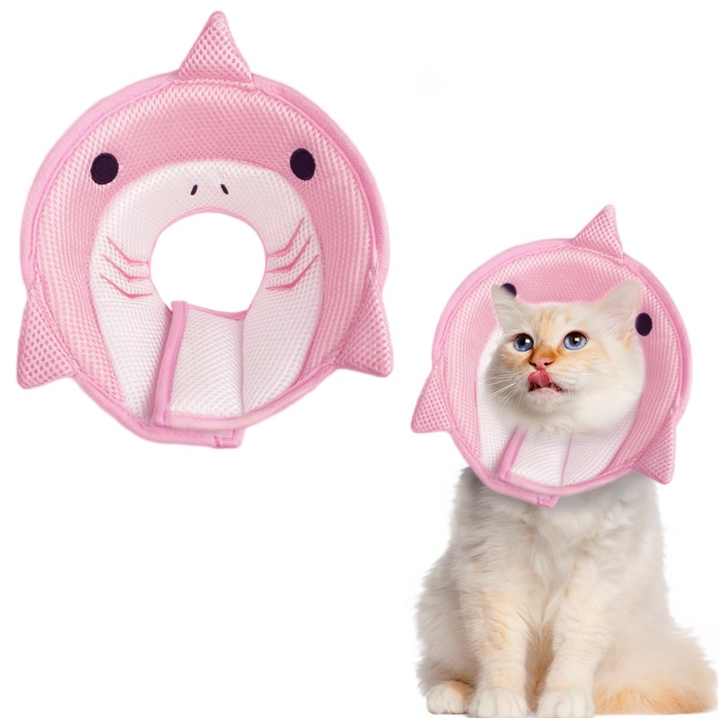 Cat Cone Collar Soft, Adjustable Cat Recovery Collar After Surgery to Prevent Licking Wound, Breathable Cat Neck Cone Comfortable Pet Elizabethan Collar for Cats Kittens Cute Shark Design Medium Pink Shark