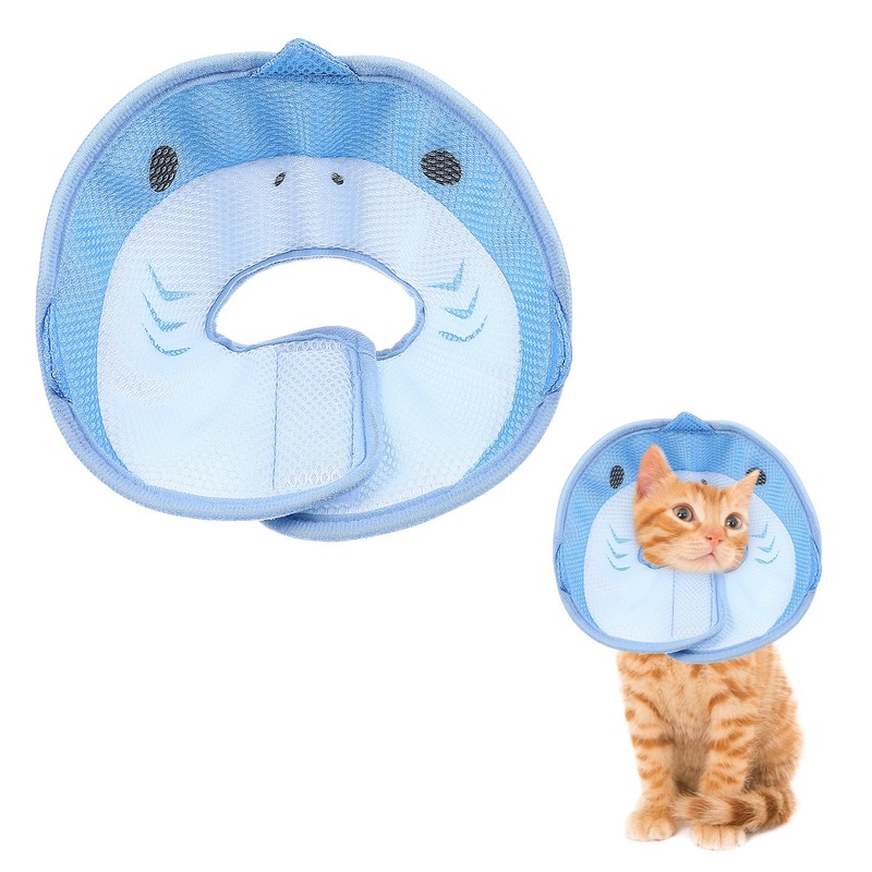 Cat Cone Collar Soft, Breathable Cat Neck Cone Adjustable Cat Recovery Collar After Surgery to Prevent Licking Wound Lightweight Pet Elizabethan Collar for Cats Kittens Cute Shark Design(XS) XS