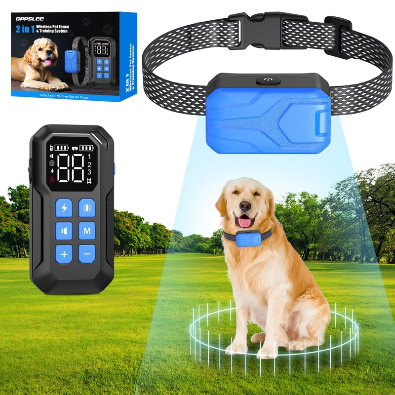 CPPSLEE Wireless Dog Fence System, Electric Dog Fence, Wireless Fence for Dogs, Electric Fence for Dogs, Wireless Dog Fence with Training Collar Adjustable Fence Range to 1000ft fence with 1 collar BLUE