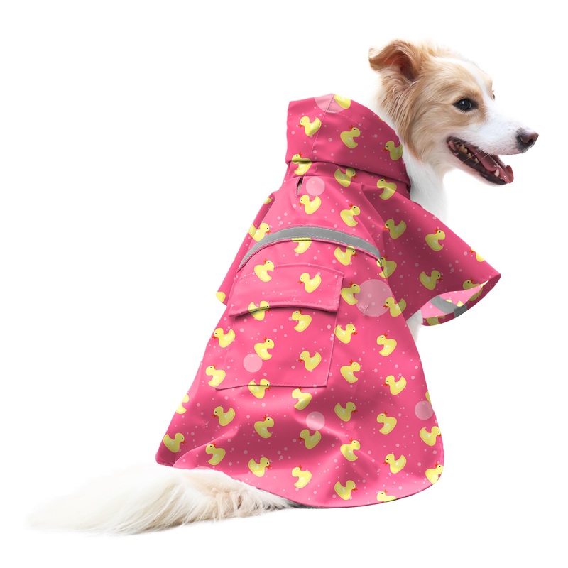 DELIFUR Large Dog Raincoat- Waterproof Dog Rain Poncho Adjustable Double Layer Rain Jacket with Hood for Medium Large Dogs Designed with Leash Hole Reflective Strip and Ducks (Pink Duck, Medium) Pink Duck