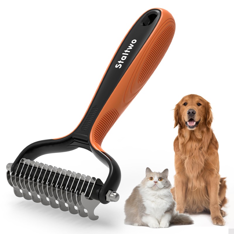 Deshedding Dog Brush for Shedding – 2-in-1 Professional Undercoat Rake and Furminator for Dogs | Shedding Control for Long-Haired Dogs and Cats, Deshedding Tool, Knot Removal,Orange Orange