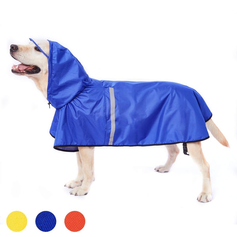 Dog Rain Jacket Raincoat with Adjustable Belly Strap and Leash Hole – Hoodie with Reflective Strip – Waterproof Slicker Lightweight Breathable for Medium Large Dogs – Easy to Wear, Blue 6XL 6XL (Back: 31″)