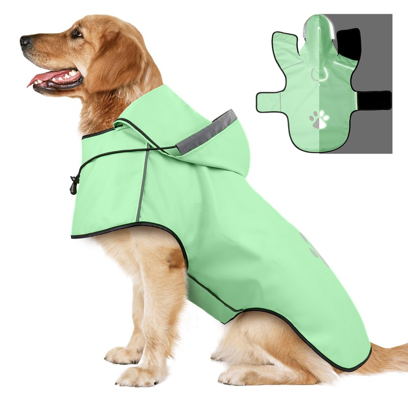Dog Raincoat for Large Dogs, Reflective Dog Rain Jacket with Hoodie, Soft Lightweight Hooded Rain Coats with Adjustable Drawstring/Reflective Strip/Leash Hole, Waterproof Rainwear for Dog Green