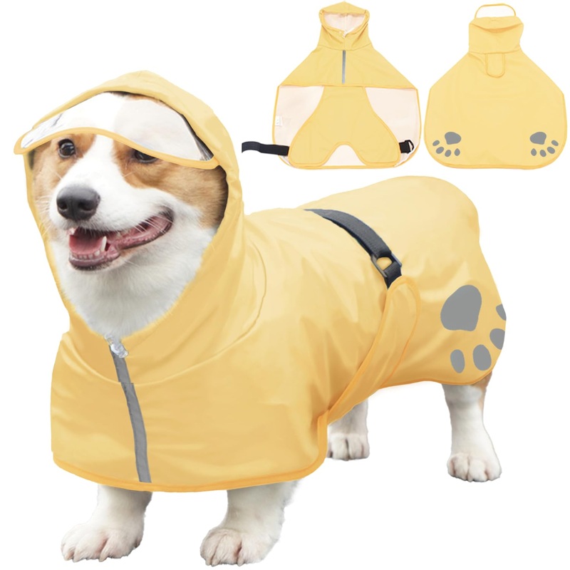 Dog Raincoat Hooded Slicker Poncho – Reflective Lightweight Pet Rain Jacket Coat,Dog Waterproof Raincoat with Adjustable Belly Strap for Small,Medium, Large Dogs Light Yellow