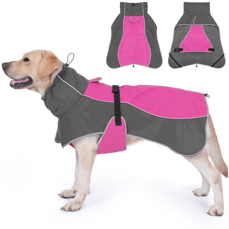 Dog Raincoat, Waterproof Dog Coat with Reflective Straps, Leash Hole & Polar Fleece Lining, Winter Dog Rain Coat for Small, Medium & Large Dogs, Warm, Windproof Dog Vest Jackets Pink