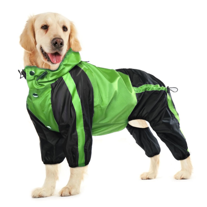 Dog Raincoat, Waterproof Dog Rain Coats for Large Dogs, Lightweight Rain Jacket, Adjustable 4 Legs Pet Poncho with Hood, Snow-Proof Dog Vest Rainwear, Rain Clothes Apparel with Leash Hole Green