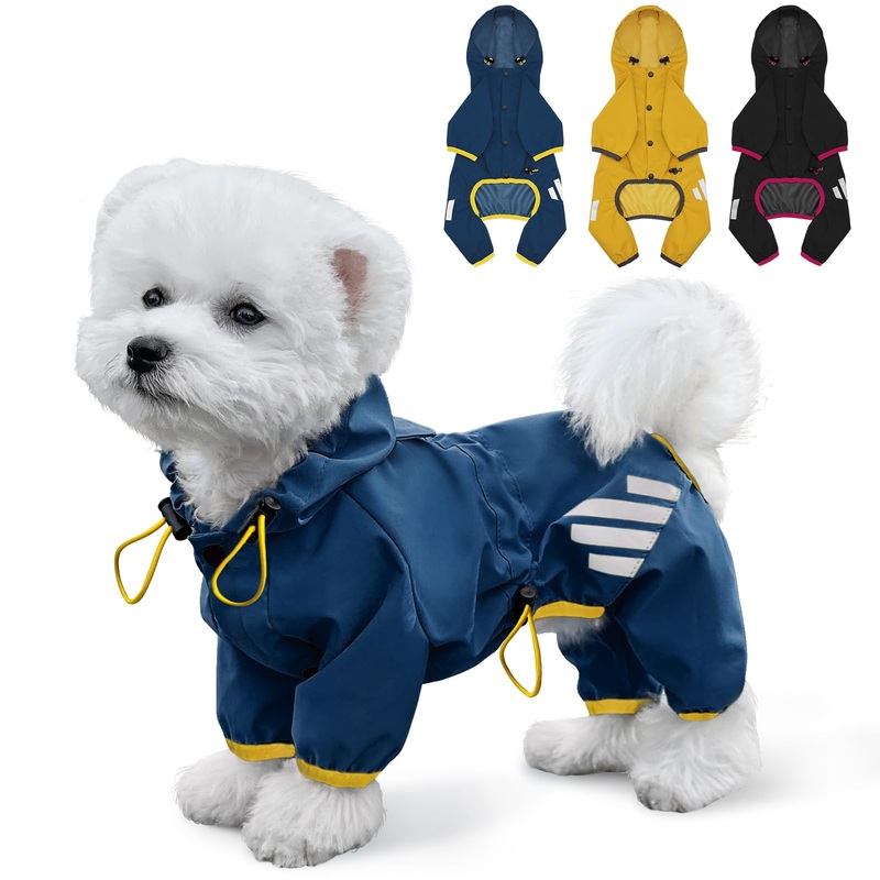 Dog Raincoat, Waterproof Dog Rain Jacket with Hood, Dog Rain Coat with Leash Hole, Reflective Strap for Small Medium Dogs, Lightweight Puppy Clothes(Blue,S) S(Back Length12”) Blue