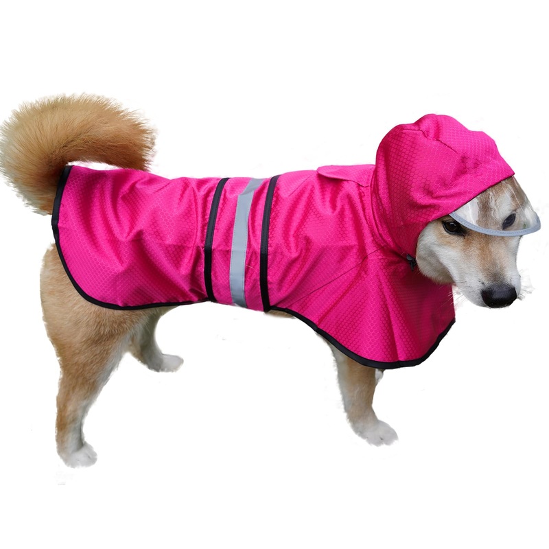 Dog Raincoat Waterproof Reflective Slicker – Lightweight Breathable Hooded Poncho Rain Coat Jacket with Adjustable Belly Strap and Leash Hole for Small Medium Large Dogs (Pink, Medium) Pink