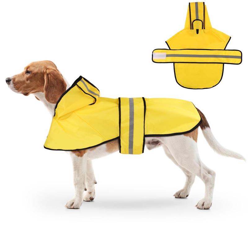 Dog Raincoat with Hood, Adjustable Dog Rain Jacket with Reflective Strip Yellow Waterproof Puppy Poncho for Small Medium Large Dogs (L) L