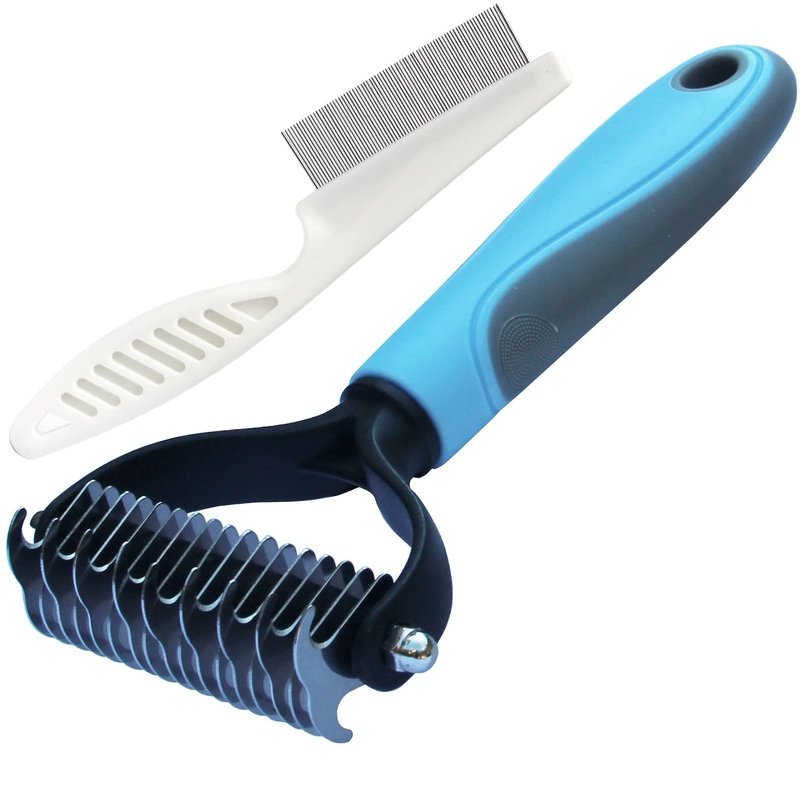 Double Sided Undercoat Rake Comb – Pet Grooming Tool for Dog and Cat Shedding and Dematting, Flea Comb Set (Blue/16 tooth) Blue/16 tooth