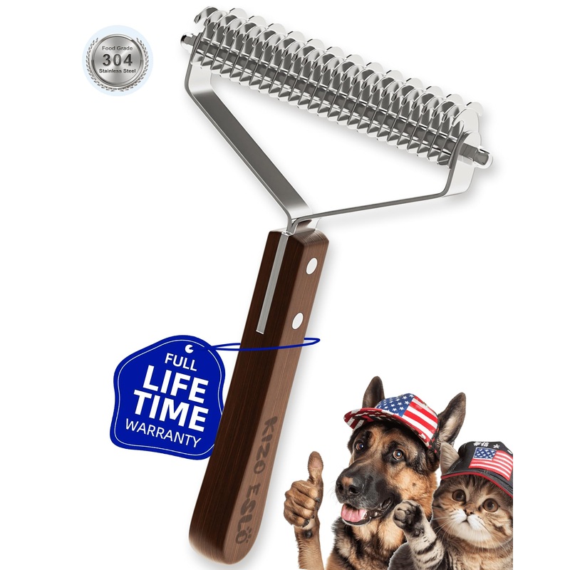 Extra Large 2-Sided Undercoat Rake for Dogs & Cats, Dog Brush for Shedding Remove Mats, Dematting Comb, Safe&Gentle Grooming Brush for German Shepherds Medium to Long-Haired Pets,Premium Wooden Handle XL – Super Fast Hair Removal – Sapele