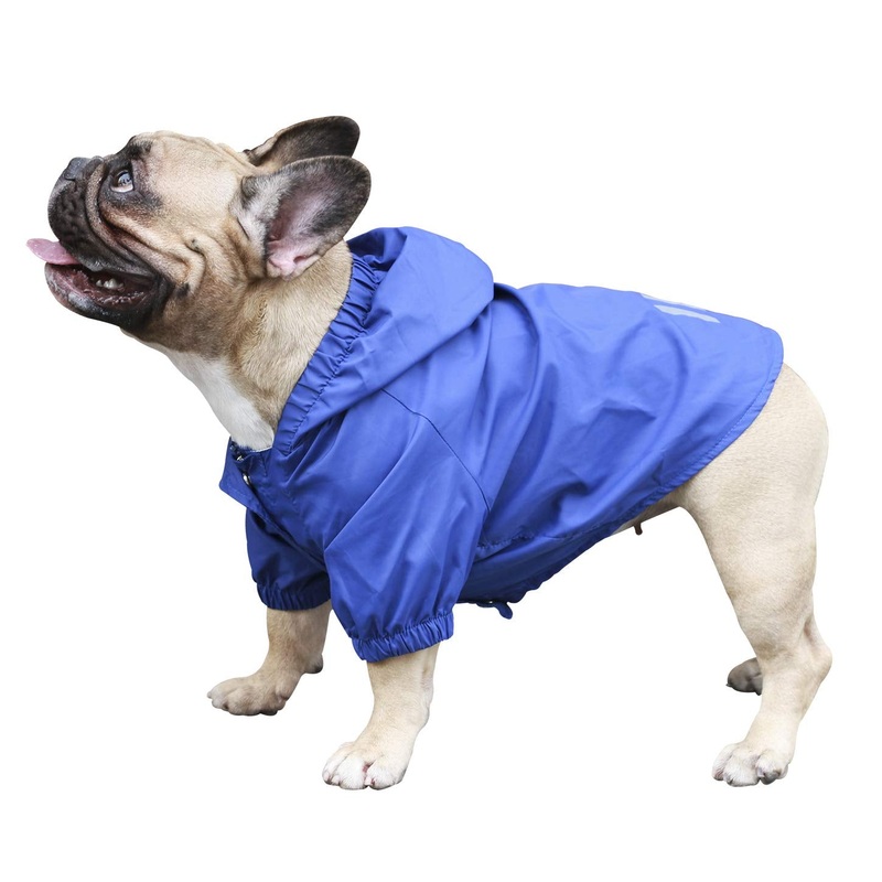 iChoue Dog Cold Weather Coats Water Resistant Raincoats Lightweight Windbreaker Hooded Jackets for French English Bulldog Pitbull Pug Boston Terriers Outdoor Rain Coat – Blue, Large