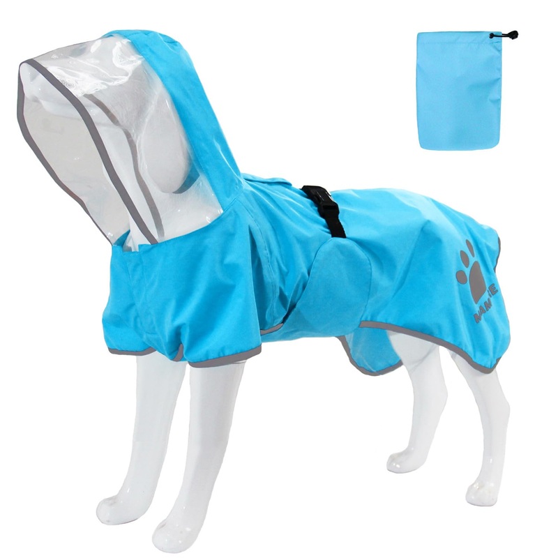 MAMORE Dog Raincoat Hooded Rain Jacket for Small Medium Large Dogs Slicker Poncho Bottom Waterproof Adjustable Reflective Breathable Leash Hole (Blue, Large) Blue